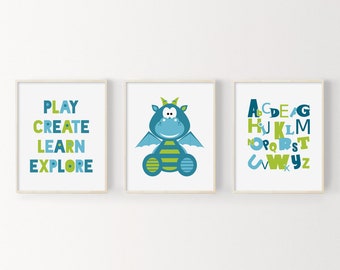 Printable Kids Wall Art, Playroom Wall Art Prints, Alphabet Print, Boys Room Art, Dragon Art For Kids Room Decor, Playroom Decor, Kids Print