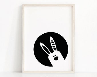 May include: Black and white illustration of a rabbit's head peeking out from behind a black circle.