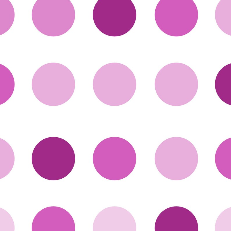 May include: A seamless pattern of pink and purple polka dots on a white background.