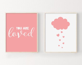 Pink Nursery Wall Art Print, Cloud Decor, Baby Girl Nursery Art Print,  Set Of 2 Baby Art Prints, Digital Nursery Quote, You Are Loved Print