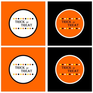 May include: Four printable Halloween party favour tags with a black and white circle design. The circles have a black outline and a white interior. The text "Trick or Treat" is written in black inside the circle. The circles are surrounded by a ring of yellow and orange dots.