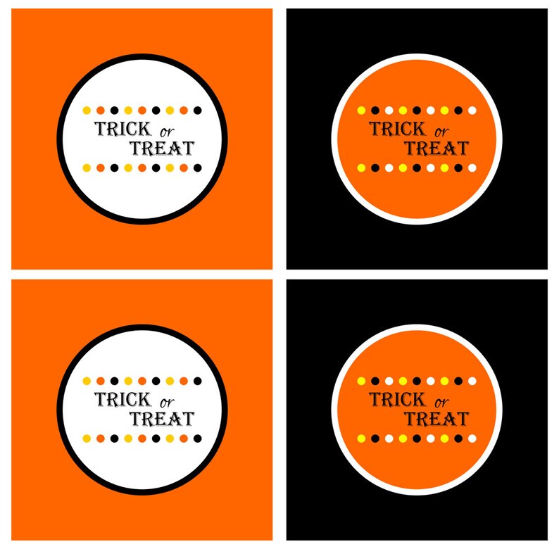 May include: Four printable Halloween party favour tags with a black and white circle design. The circles have a black outline and a white interior. The text "Trick or Treat" is written in black inside the circle. The circles are surrounded by a ring of yellow and orange dots.