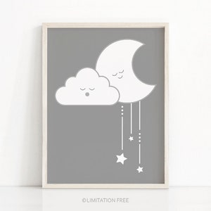 Gray Nursery Wall Art, Gender Neutral Baby Wall Art Printables, Cloud Nursery Print, Baby Art, Moon And Stars Nursery Art, Nursery Decor