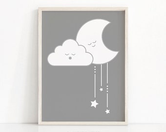 Gray Nursery Wall Art, Gender Neutral Baby Wall Art Printables, Cloud Nursery Print, Baby Art, Moon And Stars Nursery Art, Nursery Decor