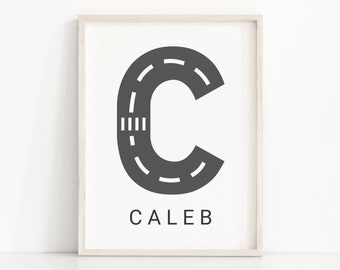 Road Letter Print, Boys Room Prints, Kids Letter Art, Car Nursery Wall Art, Custom Name Print, Transportation Wall Art, Cars Nursery Decor