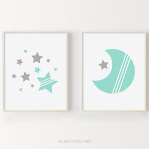 Moon And Stars Nursery Prints, Baby Wall Art, Printable Nursery, Mint And Gray Nursery Decor, Gender Neutral Baby Prints, Modern Nursery Art