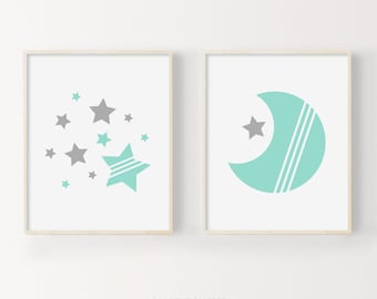 Moon And Stars Nursery Prints, Baby Wall Art, Printable Nursery, Mint And Gray Nursery Decor, Gender Neutral Baby Prints, Modern Nursery Art