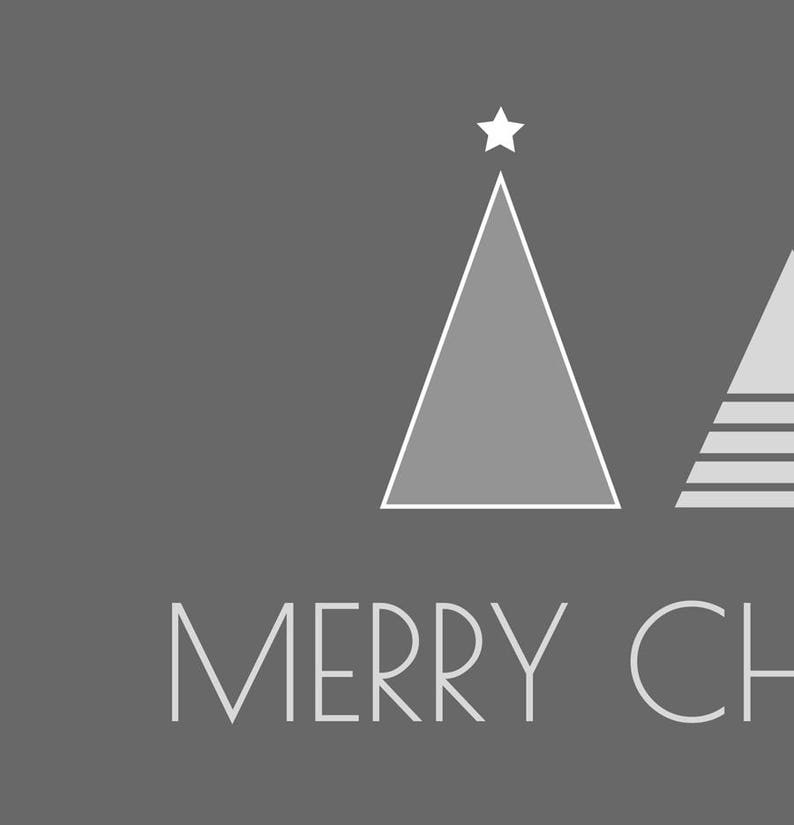 May include: A gray and white minimalist Christmas card with the text "MERRY CHRISTMAS" and two stylized Christmas trees.