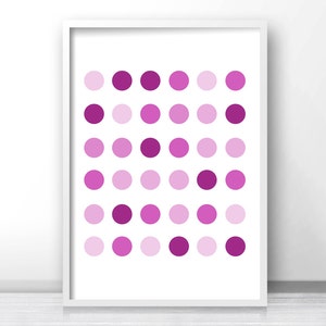 May include: A digital art print featuring a grid of 36 purple and pink circles, arranged in a gradient pattern.