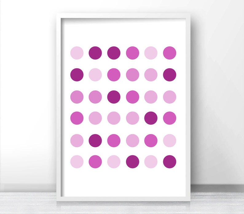 May include: A digital art print featuring a grid of 36 purple and pink circles, arranged in a gradient pattern.