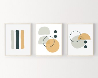Set of 3 Abstract Art Prints, Digital Download Art, Wall Art Prints, Printable Wall Art, Dark Green Mustard Art, Scandinavian Minimalist Art