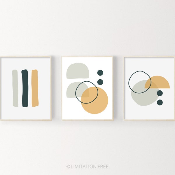 Set van 3 abstracte kunstafdrukken, digitale downloadkunst, kunst aan de muur wordt afgedrukt, afdrukbare muurkunst, donkergroene mosterdkunst, Scandinavische minimalistische kunst