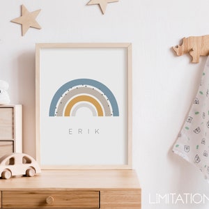 May include: A framed print with a rainbow design in shades of blue, yellow, and brown. The rainbow has small white dots on it. The name "ERIK" is printed below the rainbow.