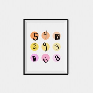 May include: A black framed print with a white background and nine colorful circles containing the numbers 1 through 9. The circles are arranged in three rows of three. The numbers are written in a whimsical, handwritten style.