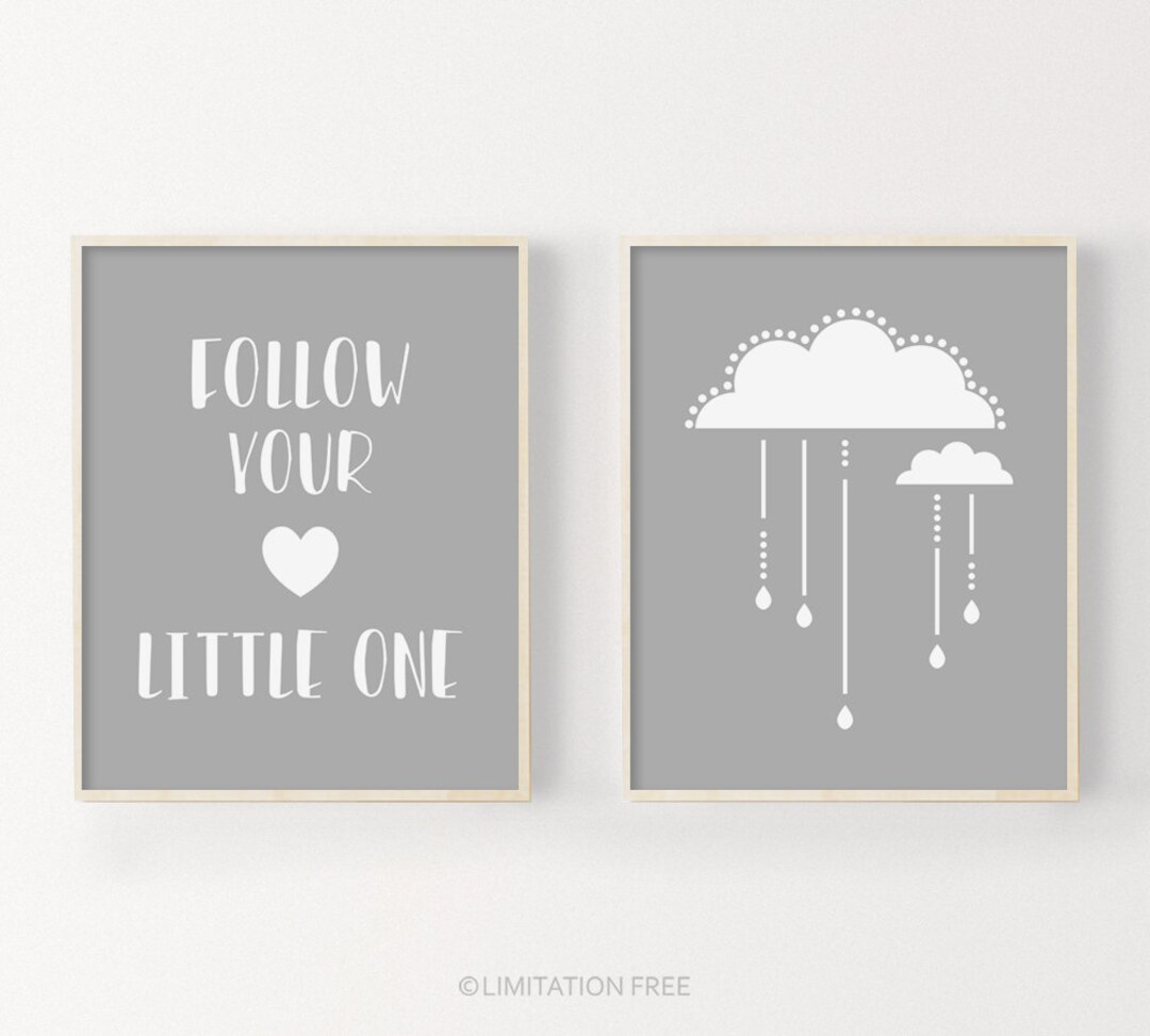Cloud Nursery Art Print, Digital Nursery Print Set, Gray Nursery Decor