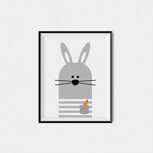 May include: A gray bunny with a carrot in its pocket. The bunny is wearing a striped shirt. The image is in a black frame.