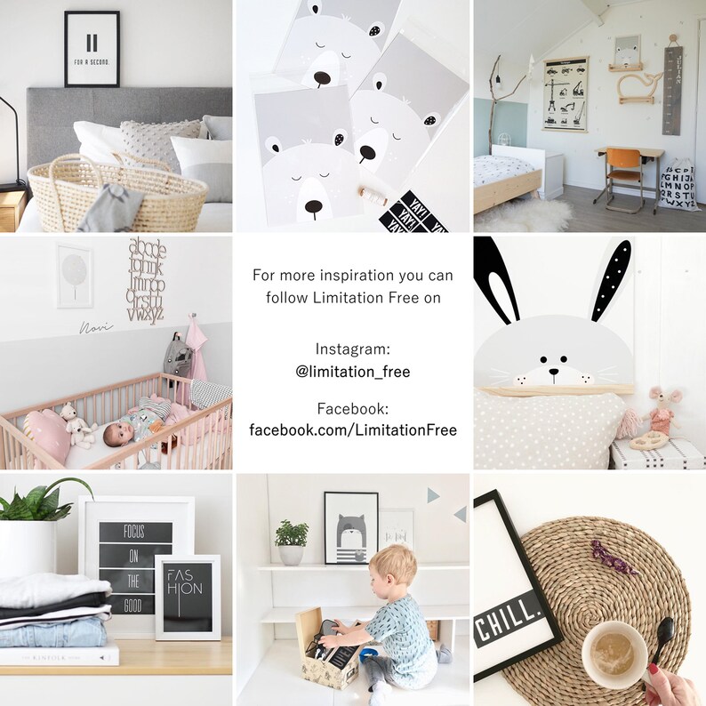 May include: A collage of images showcasing a nursery with a crib, a basket, and a wall with alphabet letters. There are also images of a child's bedroom with a bed, a desk, and a chair. The collage also includes images of a bunny-shaped headboard, a child playing with a toy typewriter, and a cup of coffee on a woven mat.