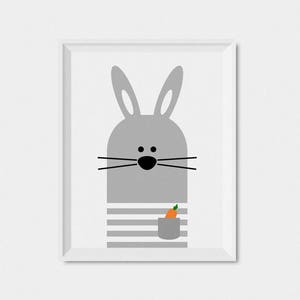 May include: A gray bunny with black eyes and a carrot in its pocket. The bunny is wearing a striped shirt.