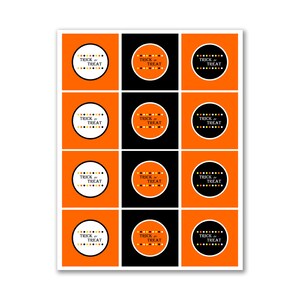 May include: Twelve printable Halloween party favour tags with a black and orange colour scheme. Each tag features a circle with the text "Trick or Treat" in white and black text with orange and yellow polka dots around the circle.
