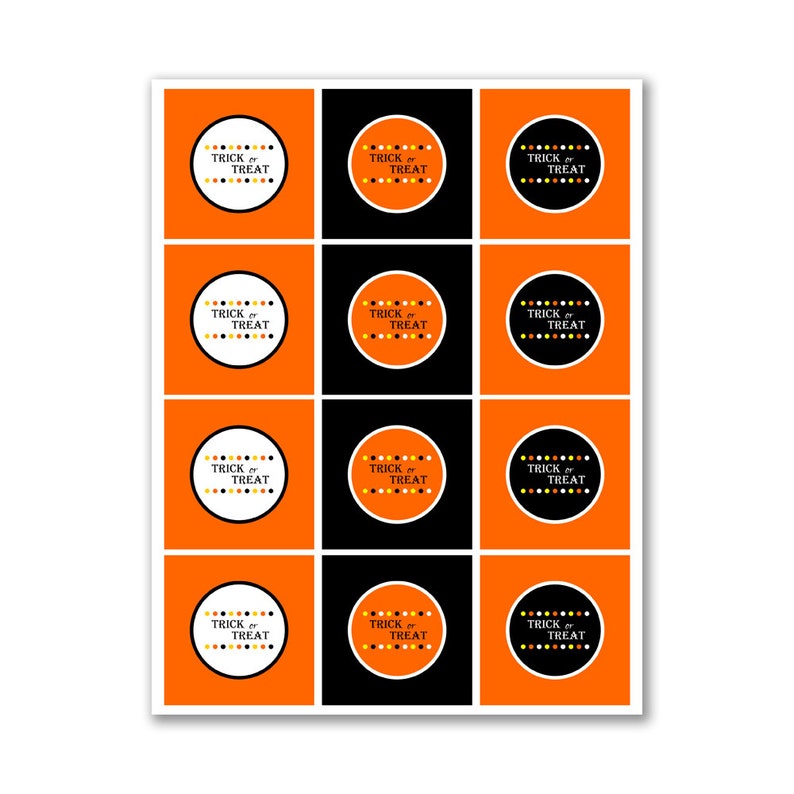 May include: Twelve printable Halloween party favour tags with a black and orange colour scheme. Each tag features a circle with the text "Trick or Treat" in white and black text with orange and yellow polka dots around the circle.