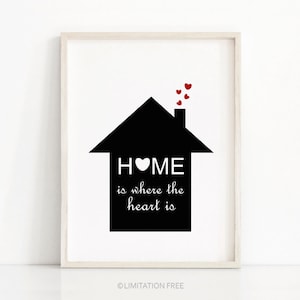 Printable wall art quote,  Black and white print, Digital printable art Home is where the heart is,  Downloadable print, House warming gift