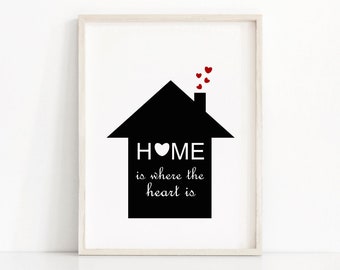 Printable wall art quote,  Black and white print, Digital printable art Home is where the heart is,  Downloadable print, House warming gift