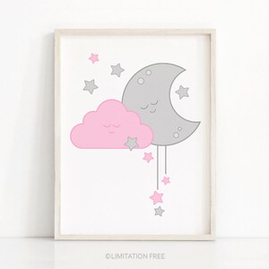 May include: A pink cloud with a smiling face is nestled next to a gray crescent moon with a smiling face.  The moon is hanging from a string with a trail of pink stars.
