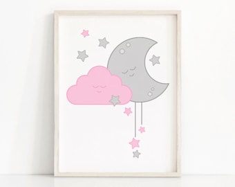 Pink And Gray Girl Nursery Print, Baby Girl Nursery Wall Art, Baby Wall Art, Girls Room Print, Moon And Stars Nursery Decor, Pink Cloud Art