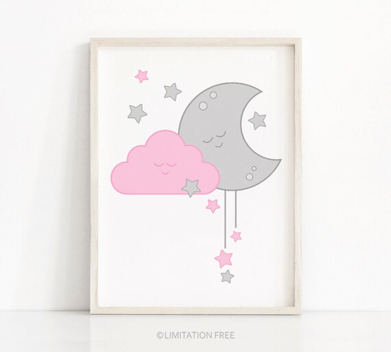 Pink And Gray Girl Nursery Print, Baby Girl Nursery Wall Art, Baby Wall Art, Girls Room Print, Moon And Stars Nursery Decor, Pink Cloud Art