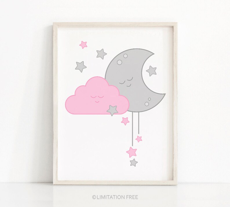 May include: A pink cloud with a smiling face is nestled next to a gray crescent moon with a smiling face.  The moon is hanging from a string with a trail of pink stars.