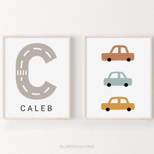 Car Nursery Print, Transportation Wall Art, Boys Nursery Art, Custom Name Print, Kids Car Prints, Boys Room Car Decor, Road Letter Printable