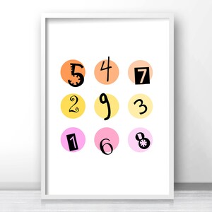 May include: A white framed print with a colorful design of nine circles, each containing a number from 1 to 9. The circles are in three rows of three, with the numbers arranged in a random order. The circles are in shades of orange, yellow, and pink.