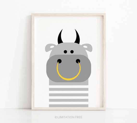 Digital Download Animal Nursery Art, Bull Nursery Print, Kids Wall Art, Farm Animal Print, Kids Print, Printable Nursery, Modern Kids Decor