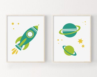 Outer Space Kids Art Prints, Space Nursery Wall Art Print, Rocket Ship Kids Prints, Boys Room Decor, Baby Boy Nursery Art, Printable Kids