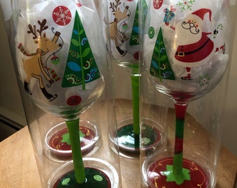 Black and white swirls and stripes hand painted wine glasses