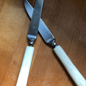 May include: Two silver knives with white handles, crossed over each other. The knife on the left has the words "Stainless Steel" etched on the blade.