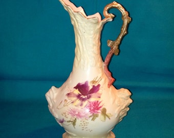Antique Porcelain Hand Painted Vase - Ewer - Pitcher from 1900 Rudolstadt Prussian Art Studio, 9" tall Pitcher w/Handle and Gold Gilt