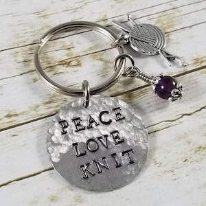 Peace Love Knit keychain, knit keychain, knitting gift, Gift for knitter, yarn lover gift, hand stamped keychain,