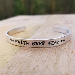 Faith Over Fear cuff bracelet, empowering jewelry, inspirational message, Faith jewelry, Christian bracelet, arrow bracelet, Christian gift