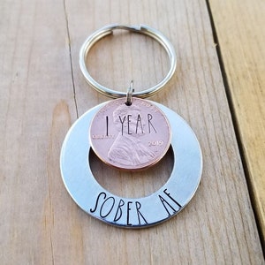 Sober AF keychain, 1 Year sobriety gift, recovery gift, 1 Year Sober AF gift, 1 year penny key chain, sponsor gift, gift for sobriety