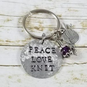 Peace Love Knit Keychain • Knitter Gift • Handmade Aluminum Keychain image 1