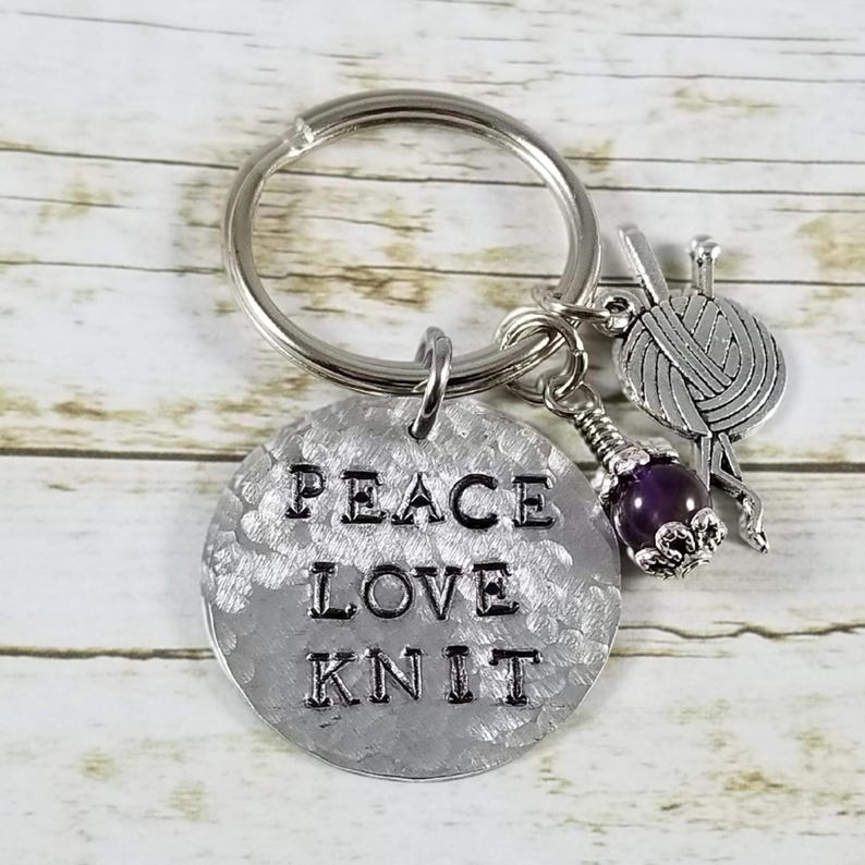 Peace Love Knit Keychain • Knitter Gift • Handmade Aluminum Keychain image 1