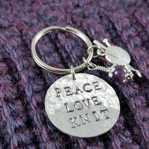 Peace Love Knit Keychain • Knitter Gift • Handmade Aluminum Keychain image 2