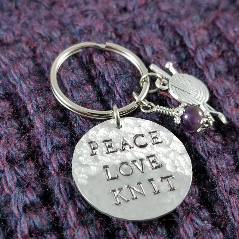 Peace Love Knit Keychain • Knitter Gift • Handmade Aluminum Keychain image 2