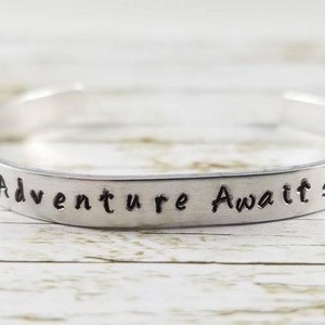 Adventure Awaits Cuff Bracelet, Silver bracelet, Nature Lover Bracelet, Adventure jewelry, Graduation bracelet gift, hand stamped bracelet