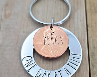 One Day at a Time Keychain – Personalized Sobriety Gift • Recovery Anniversary • Hand Stamped Penny Keychain • 1 Year AA Medallion