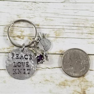 Peace Love Knit Keychain • Knitter Gift • Handmade Aluminum Keychain image 3