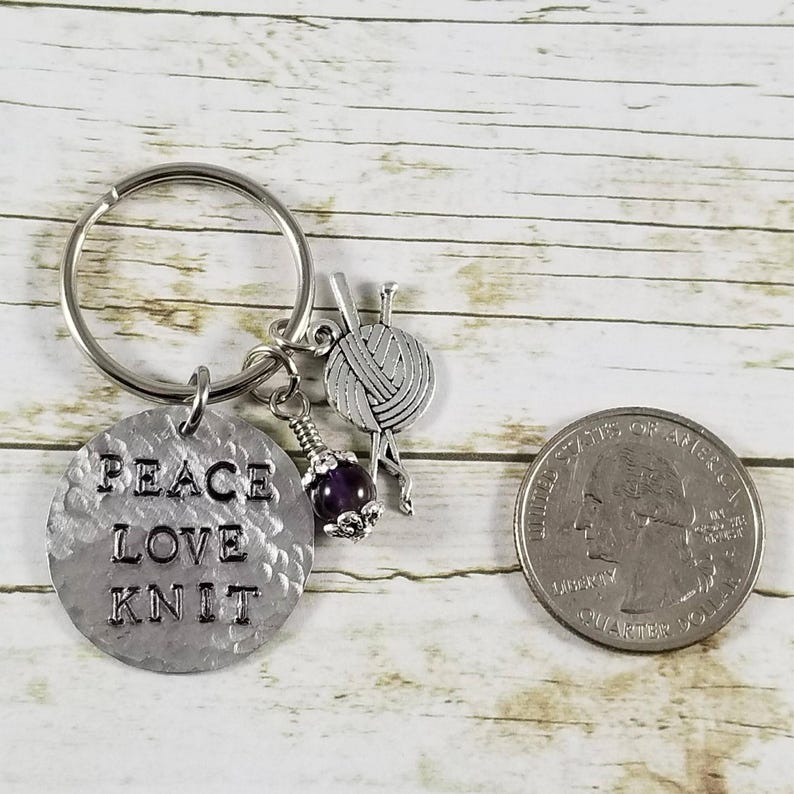 Peace Love Knit Keychain • Knitter Gift • Handmade Aluminum Keychain image 3