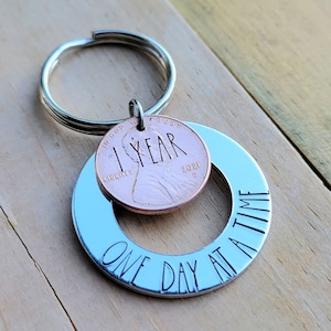One day at a time keychain,  sobriety gift, recovery gift, sobriety gift for him, 1 year penny key chain, sponsor gift, gift for sobriety