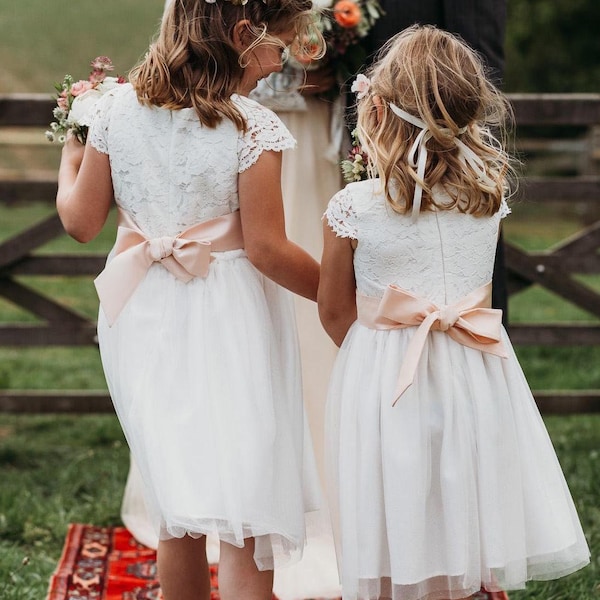 Lace Flower Girl Dress: Ivory Tulle Skirt, Sash, Child Clothing, Handmade
